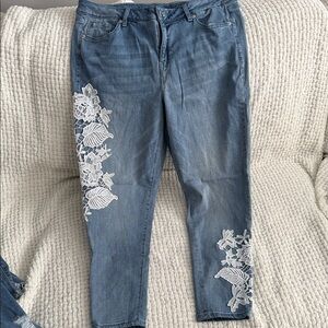 Lane Bryant Women's Blue Jeans with White Lace Detail